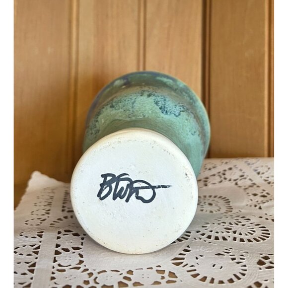 Handcrafted Studio Ceramic Pottery Blue Green Artist Signed Goblet Planter Vase - Picture 6 of 7